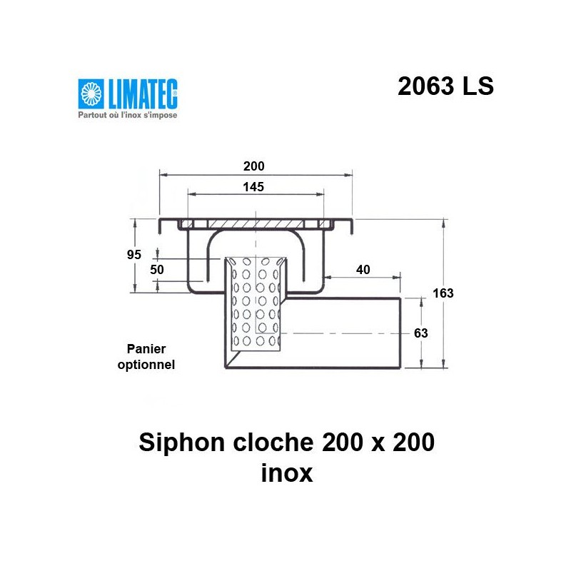 2063 LS Siphon cloche inox 200 x 200