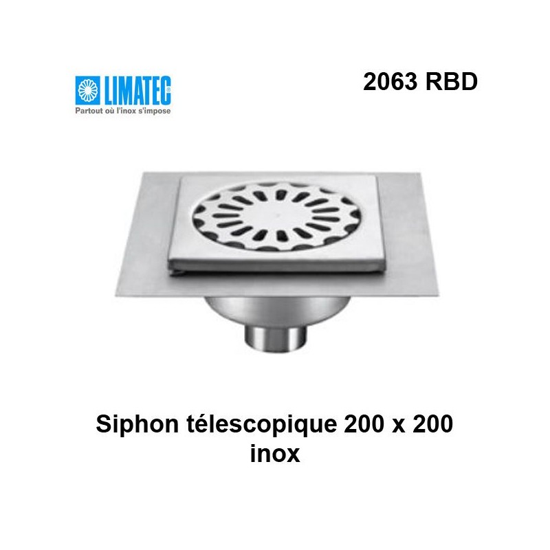 2063 RBD Siphon télescopique cloche inox 200 x 200 avec platine d'étanchéité