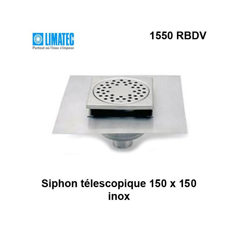1550 RBDV Siphon télescopique cloche inox 150 x 150 avec platine d'étanchéité