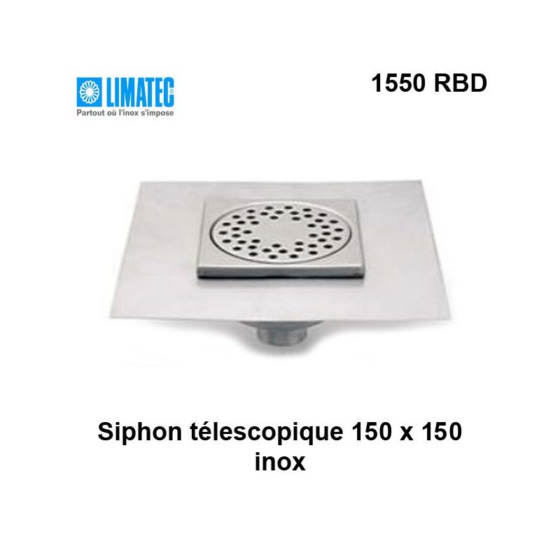 1550 RBD Siphon télescopique cloche inox 150 x 150 avec platine d'étanchéité