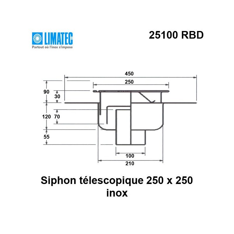 25100 RBD Siphon télescopique cloche inox 250 x 250 avec platine d'étanchéité
