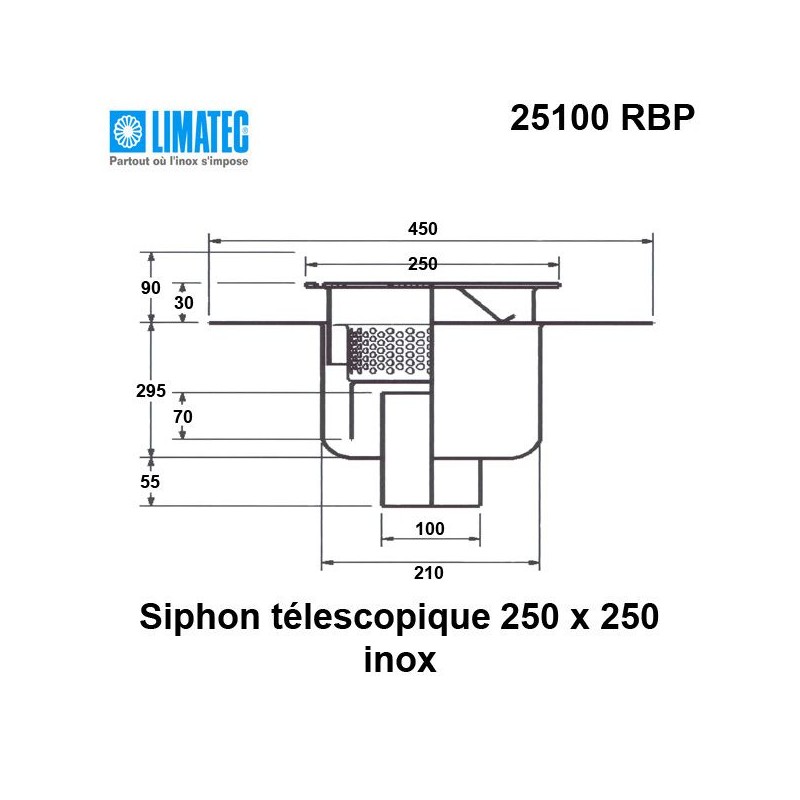 25100 RBP Siphon télescopique cloche inox 250 x 250 avec platine d'étanchéité